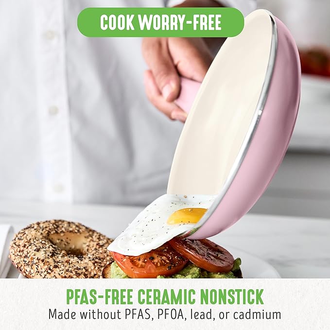 GreenLife Soft Grip 8” Frypan Skillet and Spatula Breakfast Cookware Set, PFAS-Free Ceramic Nonstick, Silicon Spatula with Bamboo Handle, Egg Omelette Bacon, Dishwasher Safe, Stay-Cool Handles, Pink