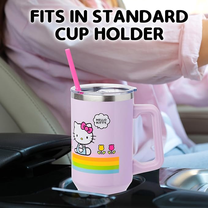 Silver Buffalo Sanrio Hello Kitty Spring and Summer Flowers Rainbow Stripes Double Walled Stainless Steel Tumbler with Handle and Straw, Fits in Standard Cup Holder, 40 Ounces