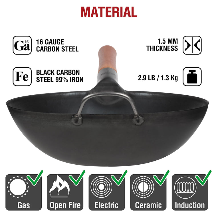 11.8" Pre Seasoned Flat Bottom Black Carbon Steel Wok for Stir Fry