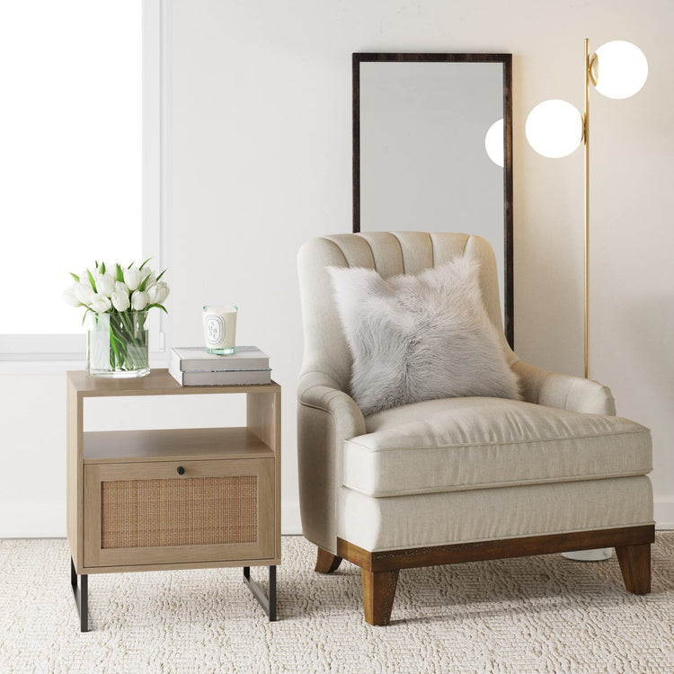 Mina Rattan Wood End Side Accent Table Nightstand with Storage for Living Room or Bedroom