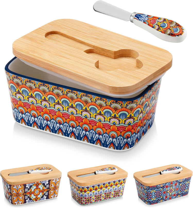 vancasso SIMI Butter Dish with Lid, 6.5" Large Butter Dish for Countertop, Bohemian Ceramic Butter Keeper Container with Knife and Bamboo Lid, Butter Holder for Counter, Regal Bloom