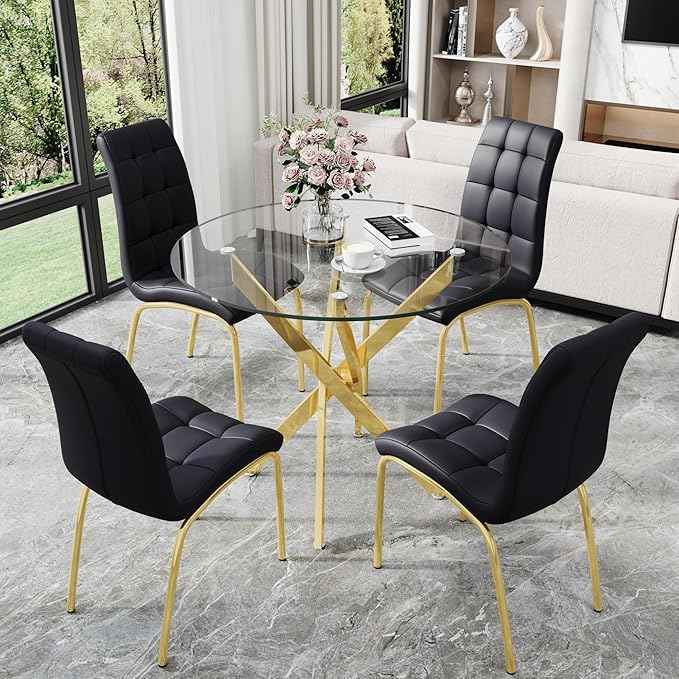 5 Piece Round Glass Dining Table Set, Round Tempered Glass Kitchen Table Set for 4, Modern Table Set with 4 High-Back Upholstered Chairs for Kitchen Dining Room (Gold Legs, 4 Black Chairs)