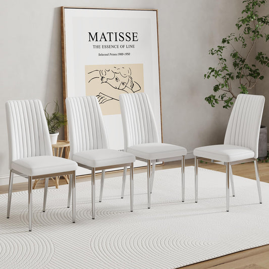 White Dining Chairs Set of 4 Modern Kitchen Chairs Set PU Leather Chair with Chrome Legs Armless Upholstered Chair for Dinner Room (4 Count)