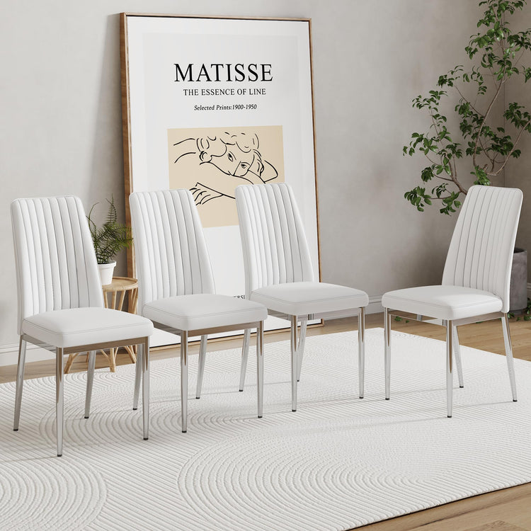 White Dining Chairs Set of 4 Modern Kitchen Chairs Set PU Leather Chair with Chrome Legs Armless Upholstered Chair for Dinner Room (4 Count)