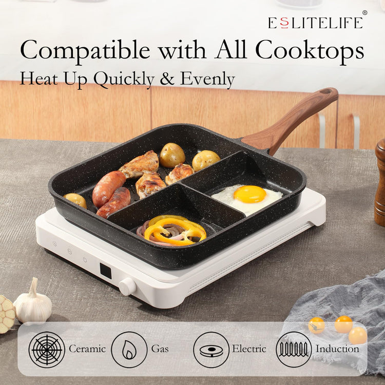 Nonstick Divided Grill Pan with Lid & Tongs for Stove Tops