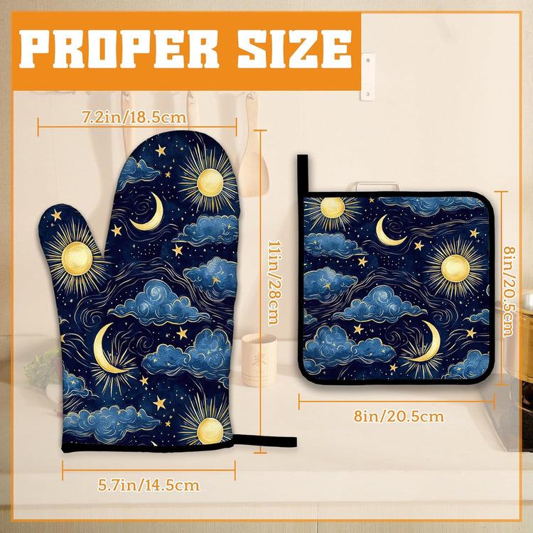 Starry Night Oven Mitts and Pot Holders Set,Sun Moon Kitchen Oven Gloves and Pot Holder with Heat Resistant Non Slip for Cooking Baking Grilling(4 Piece Set)