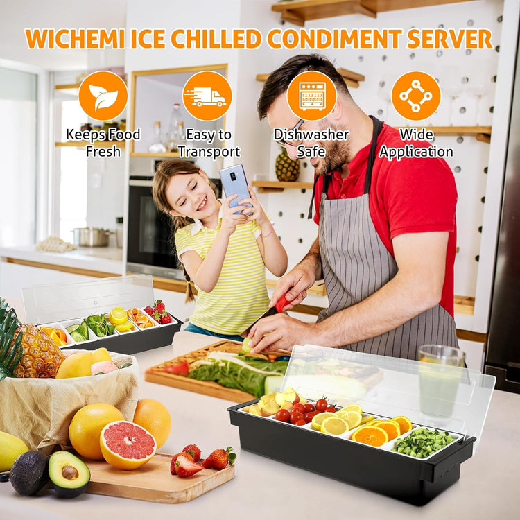 WICHEMI Fruit, Veggie & Condiment Caddy with Lid Dispenser Tray Plastic Garnish Station for Bartending & Serving Taco, Ice Cream, Salad Bar - Topping Organizer for Restaurant Supplies (5 Compartment)
