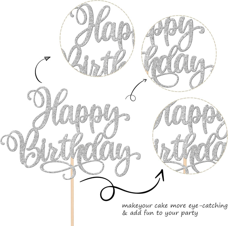 ZHUOWEISM 1 PCS Happy Birthday Cake Topper Glitter Happy Birthday Cake Pick for Celebrating Happy Birthday Anniversary Party Cake Decorations Supplies Silver
