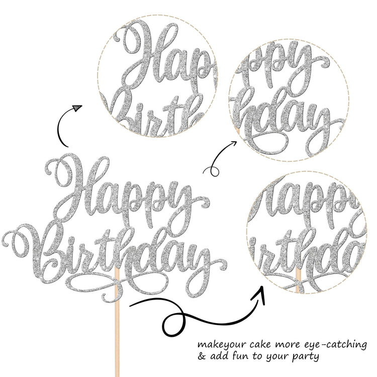 1 PCS Happy Birthday Cake Topper Glitter Happy Birthday Cake Pick for Celebrating Happy Birthday Anniversary Party Cake Decorations Supplies Silver