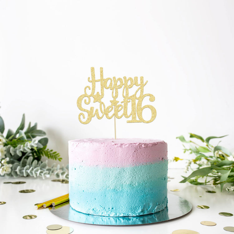 1Pc Happy Sweet 16 Cake Topper Gold Glitter 16th Birthday Cake Topper Sweet 16 Decorations 16th Birthday Decorations