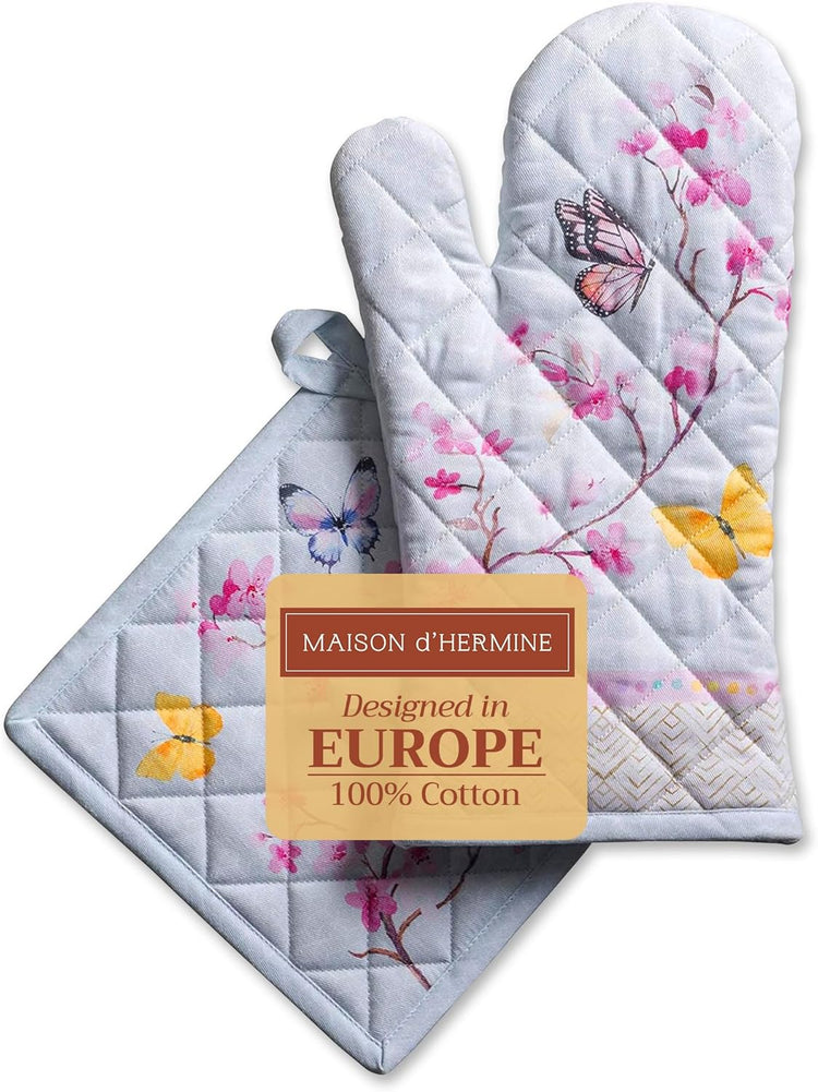 Maison d' Hermine 100% Cotton Oven Mitt & Pot Holder Set (7.5"x13" & 8"x8") Heat Resistant BBQ Cooking Gloves with Loop, Baking, Grilling, Kitchen, Handling Hot Pans Spring/Summer (Blossoms In Spring)