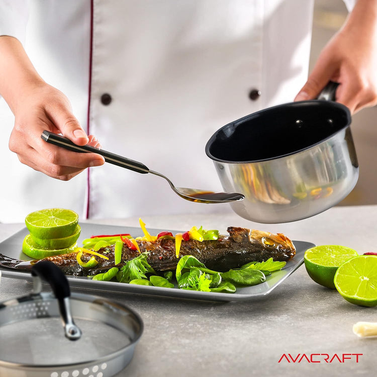AVACRAFT Nonstick Saucepan with Glass Lid, Strainer Lid, 100% PTFE, PFOA Toxins Free, Two Side Spouts for Easy Pour, Multipurpose Sauce Pan with Lid, Ceramic Sauce Pot (2.5 QT Non-Stick Saucepan) - Nestoria
