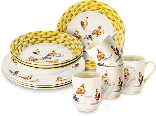 Tudor 16-Piece Premium Quality Round Porcelain Dinnerware Set, Service for 4 - Country Farmyard, See 10 Designs INSIDE!