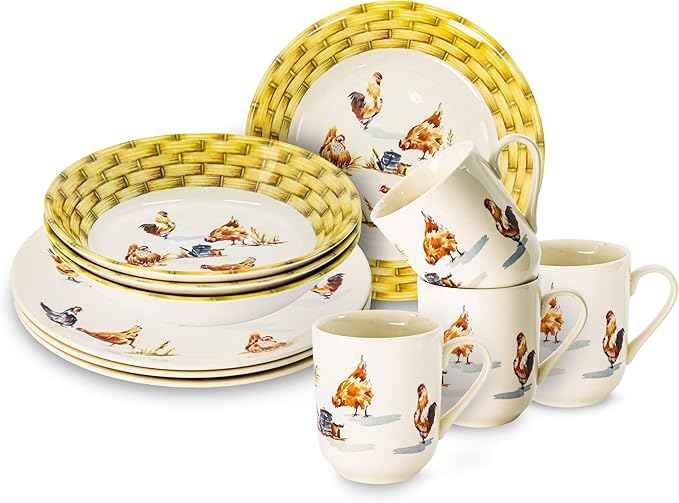 Tudor 16-Piece Premium Quality Round Porcelain Dinnerware Set, Service for 4 - Country Farmyard, See 10 Designs INSIDE!