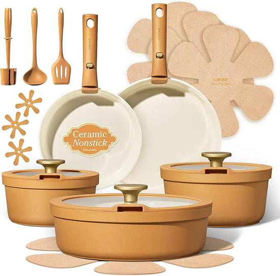 Carote 20pcs Ceramic Cookware Set with Detachable Handles, Pots and Pans Set Non Stick, RV Kitchen Cooking Pot and Pan, Dishwasher Safe, Non-toxic Induction Cookware PFAS and PFOA Free,Orange