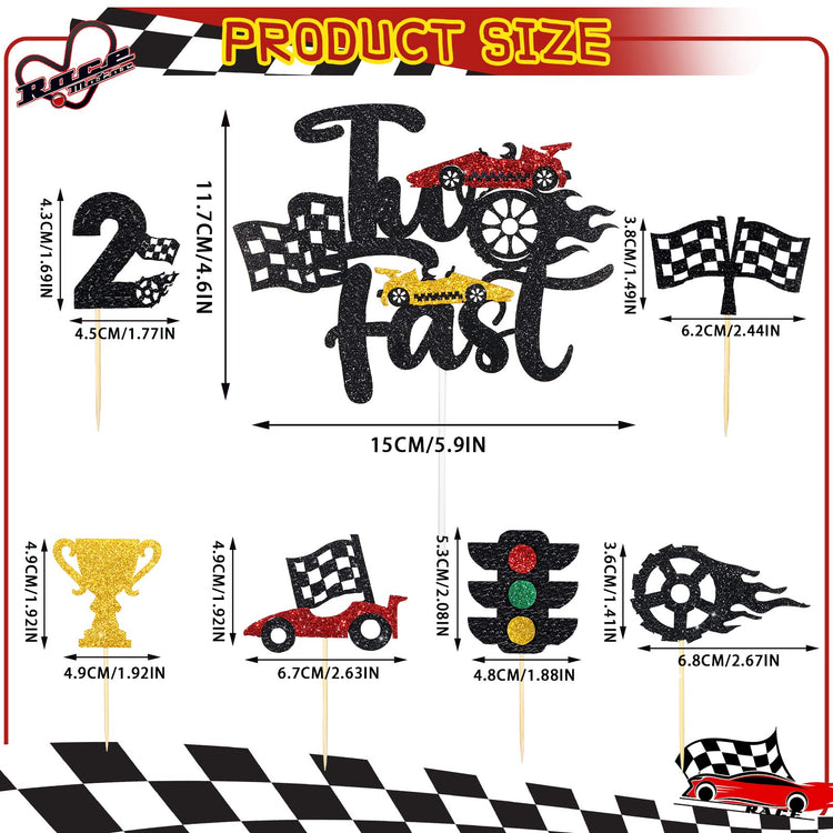 49 Pack Two Fast Cake Toppers Car Cupcake Toppers Decoration Double Sided Trophy Flag Race Car Birthday Party Supplies
