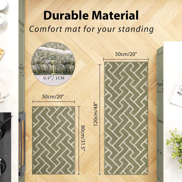 hicorfe Kitchen Rugs and Mats Sets,Non-Slip 2 Pieces Absorbent 100% Polypropylene Rug,Comfort Kitchen Runner Mat,Washable for Kitchen,Sink,Laundry(20" x 31.5" Plus 20" x 48",Green)