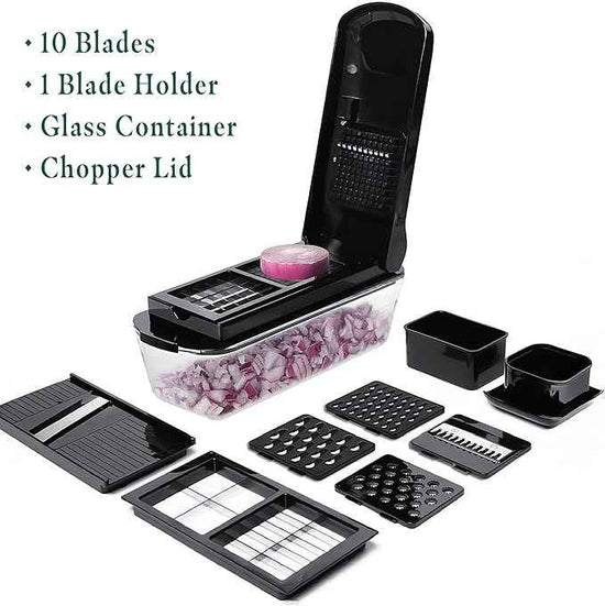 Le'raze 13-in-1 Vegetable Chopper Pro with Glass Container, Stainless Steel Blades, BPA-Free, Mandoline Slicer, Manual