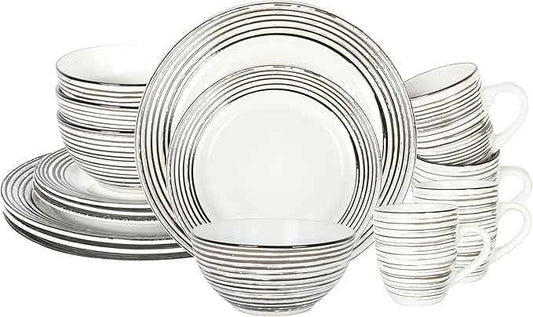 16 Piece Dinnerware Set, Ceramic Plates and Bowls Sets for 4, Microwave and Dishwasher Safe, Handcrafted Tree Bark Series Dish Set, White Birch