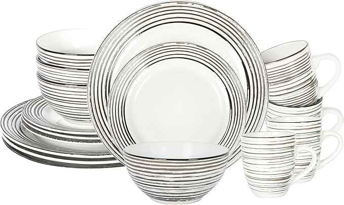 16 Piece Dinnerware Set, Ceramic Plates and Bowls Sets for 4, Microwave and Dishwasher Safe, Handcrafted Tree Bark Series Dish Set, White Birch
