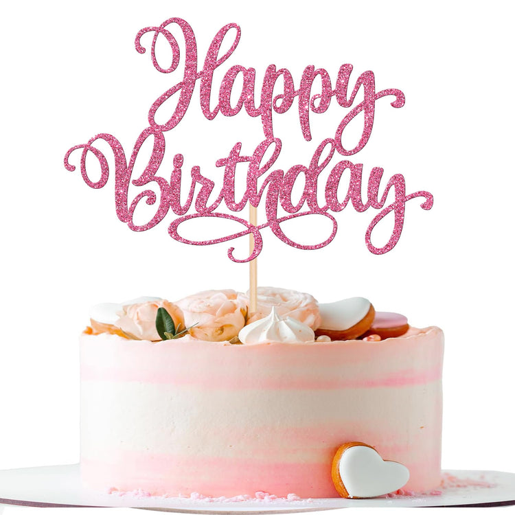1 PCS Happy Birthday Cake Topper Glitter Happy Birthday Cake Pick for Celebrating Happy Birthday Anniversary Party Cake Decorations Supplies Pink