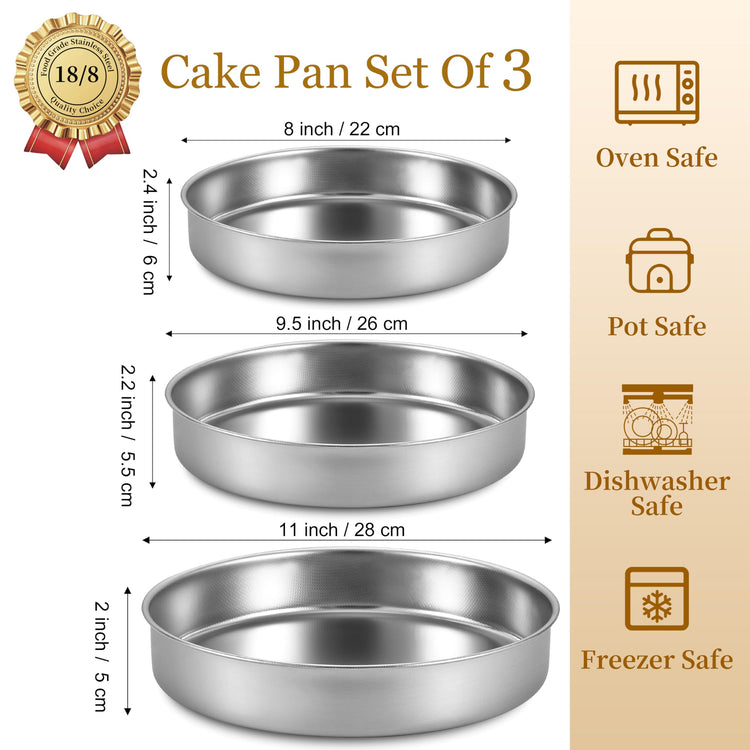 8-9.5-11 Inch Round Cake Pan Set, Stainless Steel Textured Bottom (3 Count)