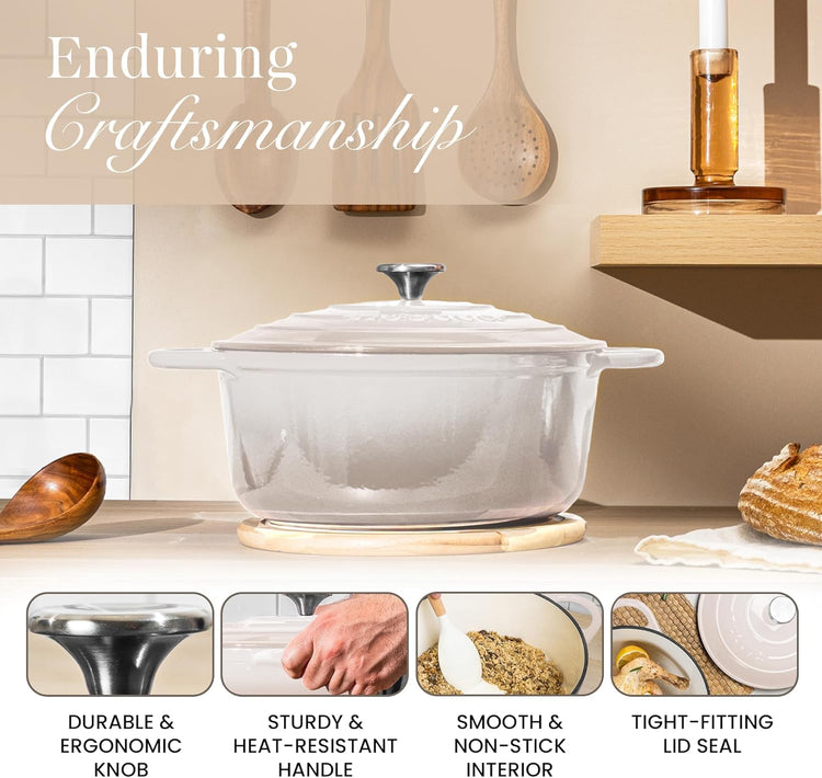 Nuovva Enamelled Cast Iron Dutch Oven Pot with Lid 6.4 Quart Non Stick Casserole Pot – Heavy Duty & Oven Safe up to 500° F for Bread Baking, Braising, Stews, Roasting – 28cm Oyster - Nestoria
