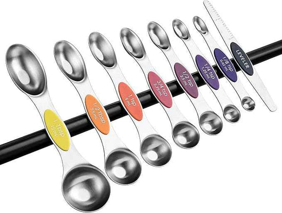 Spring Chef Stainless Steel Magnetic Measuring Spoons Set of 8 with Leveler, Nesting Teaspoon & Tablespoon Measuring Spoons, Kitchen Gadgets for Baking & Cooking, Fits in Spice Jars - Mountain Sunrise