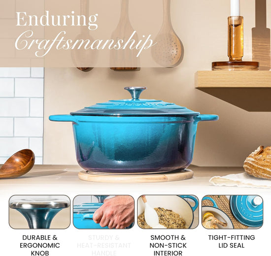 Nuovva Enamelled Cast Iron Dutch Oven Pot with Lid 6.4 Quart Non Stick Casserole Pot – Heavy Duty & Oven Safe up to 500° F for Bread Baking, Braising, Stews, Roasting – 28cm Light Blue - Nestoria
