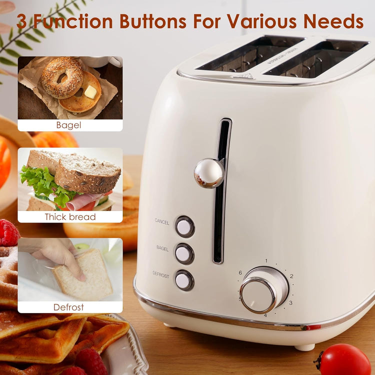 2 Slice Toaster Retro Stainless Steel with Bagel, Cancel, and Defrost Functions, 6 Bread Shade Settings, Extra Wide Slots and Removable Crumb Tray, Cream