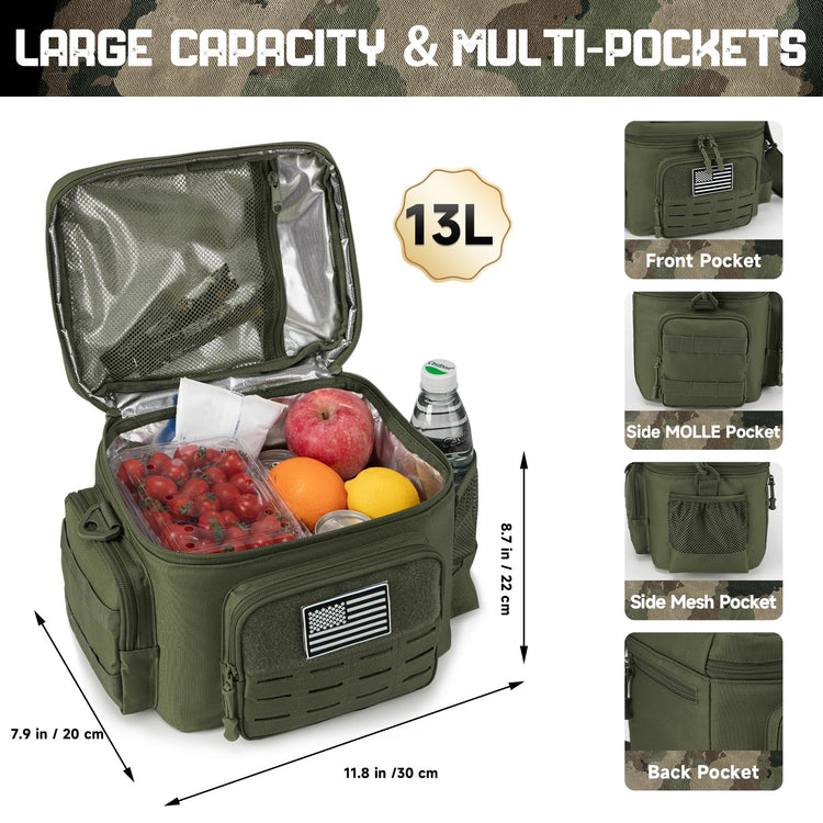 Tactical Lunch Bag for Mens Military Heavy Duty Lunch Box Work Leakproof Insulated Durable Thermal Cooler Bag for Adult Meal for Office Camping Picnic Pail MOLLE Webbing Army Green