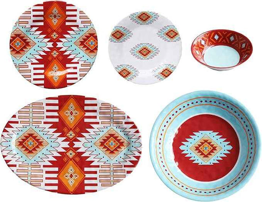 Paseo Road Southwest 14 Piece Melamine Plastic Dinnerware Set with Plates, Bowls and Serving Platter, Aztec Geometric Pattern, Western Southwestern Rustic Cabin Lodge Style