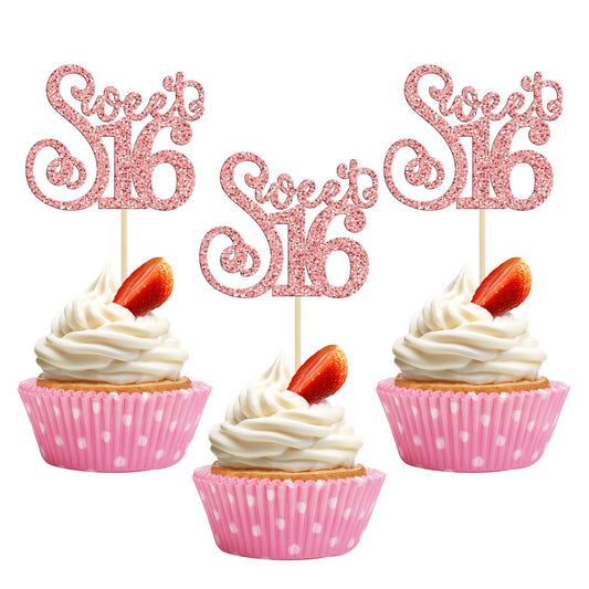 24 Pack 16th Birthday Cupcake Toppers Glitter Sixteen Happy Sweet 16 Cupcake Picks Cheers to 16 Years Old Cupcake Decorations for 16th Birthday Anniversary Party Cake Supplies Rose Gold (24 Count)