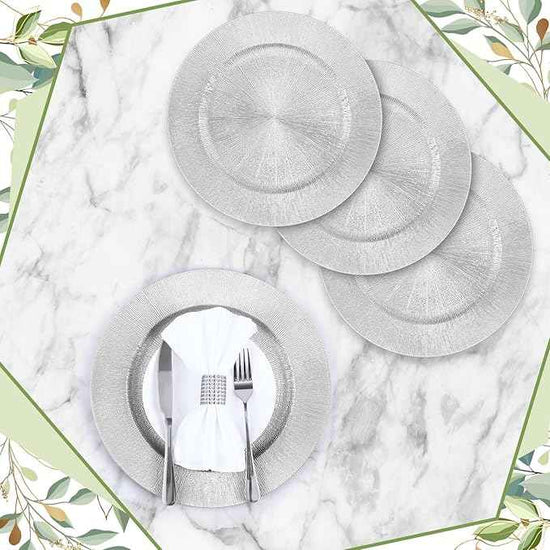 Tanlade 12 Pcs Charger Plates Bulk 13 Inch Plastic Round Wedding Chargers Floral Decorative Plates with Metallic Ruffled Rim for Wedding Party, Holiday Event Supplies(Silver)
