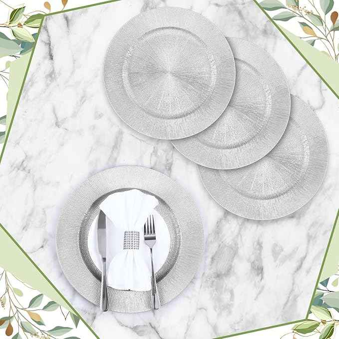 Tanlade 12 Pcs Charger Plates Bulk 13 Inch Plastic Round Wedding Chargers Floral Decorative Plates with Metallic Ruffled Rim for Wedding Party, Holiday Event Supplies(Silver)