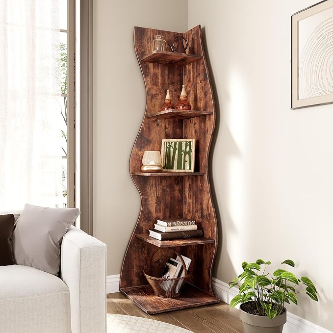 LITTLE TREE 70-Inch Corner Shelf, Seaweed Shaped Etagere Display Bookshelf, Freestanding 5-Tier Wall Shelves for Small Spaces, Living Room, Bedroom, Rustic, 2 Pack
