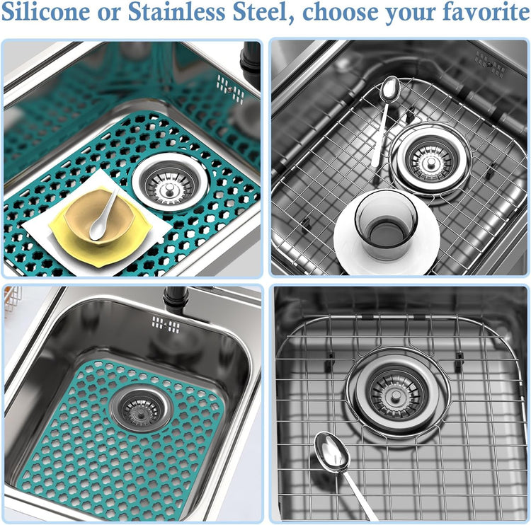 2 Pack Silicone Sink Protector for Kitchen Sink Bathroom, 13.58" x 11.6" Heat-resistant Sink Mat Non-Slip and Durable Silicone Protectors, Rear Drain, Green