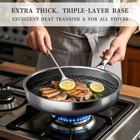 VONIKI Hybrid Tri-ply Stainless Steel Cookware Set, Pots And Pans Set Non Stick with Steamer Basket, Non Toxic Induction Cookware, Kitchen Cookware Sets PFOA & PTFE Free, Dishwasher and Oven Safe