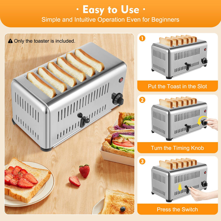 6 Slice Toaster with Wide Slots Commercial Toasters for Restaurant Bread Baking Machine 1680W Stainless Steel Toaster Countertop for Toast
