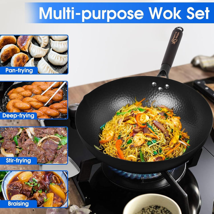 12.5 Inch Carbon Steel Wok For Electric, Induction and Gas Stoves (Lid, Spatula and User Guide Video Included)