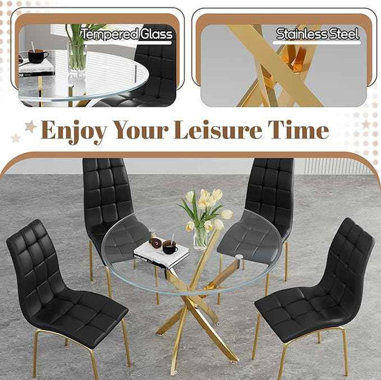 5 Piece Round Glass Dining Table Set, Round Tempered Glass Kitchen Table Set for 4, Modern Table Set with 4 High-Back Upholstered Chairs for Kitchen Dining Room (Gold Legs, 4 Black Chairs)