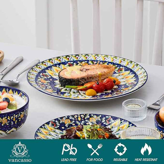 vancasso 12 Pieces Dinnerware Sets, Blue Plates and Bowls Set, Porcelain Dishes Set for 4, Microwave and Dishwasher Safe, Scratch Resistant, Bohemian Style Dining Ware Service for 4, Series SIMI
