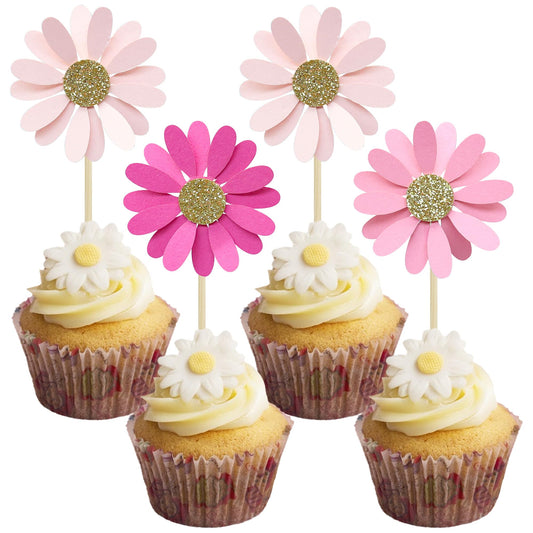 24Pcs Daisy Cupcake Toppers Flower Cake Topper Decorations Daisy Cake Decorations Chrysanthemum Cupcake Toppers Spring Daisy Flower Cake Picks for Birthday Wedding Supplies Rose Red Pink (24 Count)