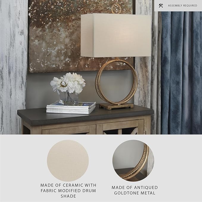 Signature Design by Ashley Mahala Traditional 28" Braided Metal Round Single Table Lamp, 3-Way Switch, UL Listed, Rectangular Shade, Antique Gold Finish