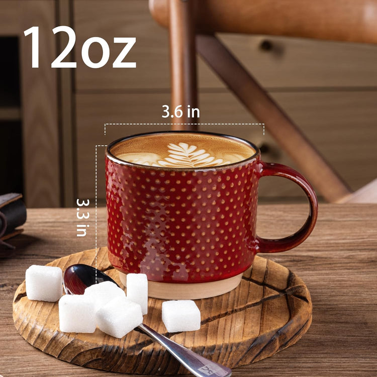 GBHOME 12 OZ Stackable Coffee Mugs, Ceramic Coffee Cups with Texture Patterns for Man,Woman,Dad,Mom, Modern Coffee Mugs Set of 4 for Latte/Cappuccino/Cocoa. Dishwasher&Microwave Safe, Red
