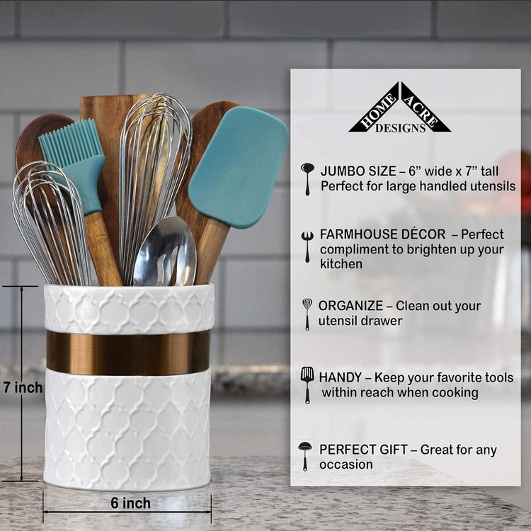 Home Acre Designs Kitchen Utensil Holder - Large Ceramic Farmhouse Countertop Crock, White/Copper