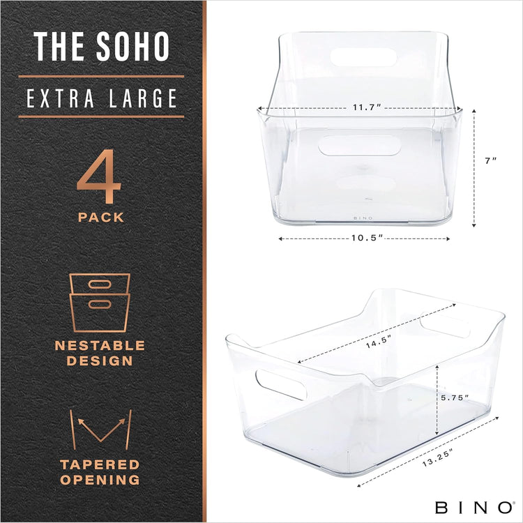 BINO | Plastic Organizer Bins, X-Large - 4 Pack | The SOHO Collection | Multi-Use Organizer Bins | Pantry & Freezer Bin | Plastic Storage Containers | Bin for Home & Kitchen Org