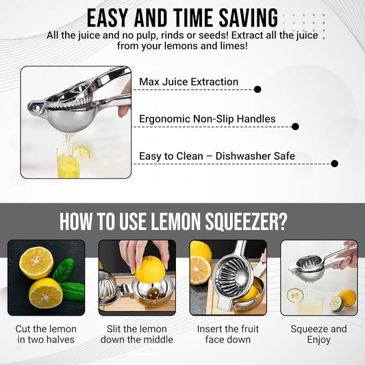 Handheld Lemon Squeezer Stainless Steel – Heavy Duty Manual Citrus Juicer for Lemon, Lime & Small Oranges – Rustproof Lemon Lime Squeezer Stainless Steel with Polished Finish & Ergonomic Grip