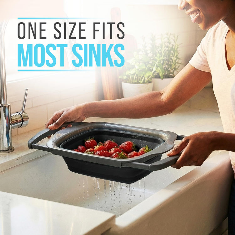 Over-the-Sink Colander with Handles – Sleek Plastic Black Kitchen Strainer for Pasta, Vegetables & Fruits – Space-Saving Design – 17.1 x 10.2 x 1.75 Inches