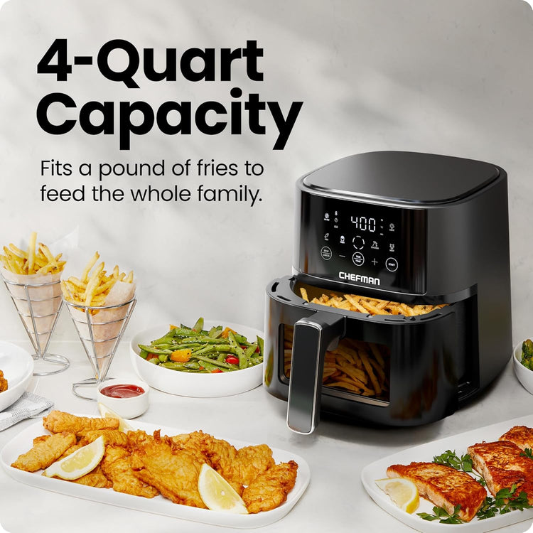 Chefman Air Fryer – 4 QT Compact Airfryer for Quick & Easy Meals, Features Hi-Fry Technology for Extra Crisp, Easy-View Window, Touch Controls with 4 Presets, Nonstick & Dishwasher Safe Basket - Black